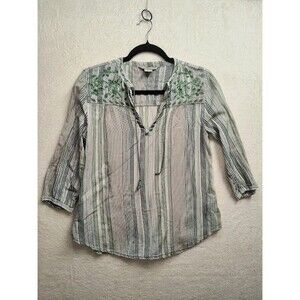 Bob Timberlake Green/White Embroidered Boho Peasant Top Women’s Med Cotton Gauze